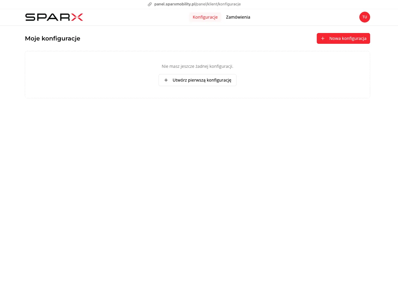 Ekran nowego zamówienia w panelu klienta SPARX